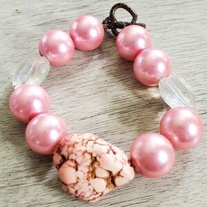 Vintage Pink Howlite And Faux Pearl Bracelet.
